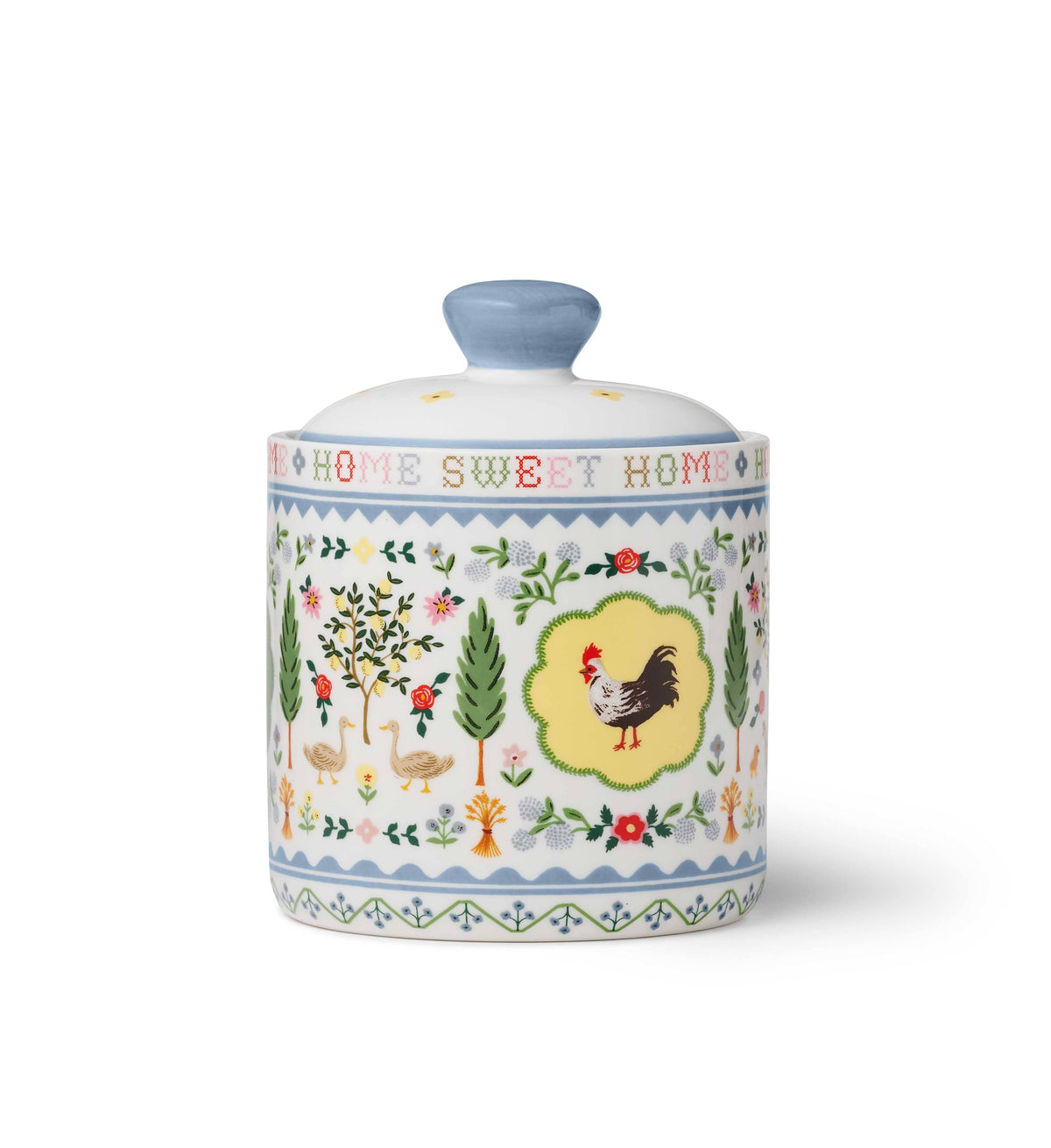 Decorative ceramic canister with country-themed designs, featuring chickens and flowers, colorful, with a blue lid.
