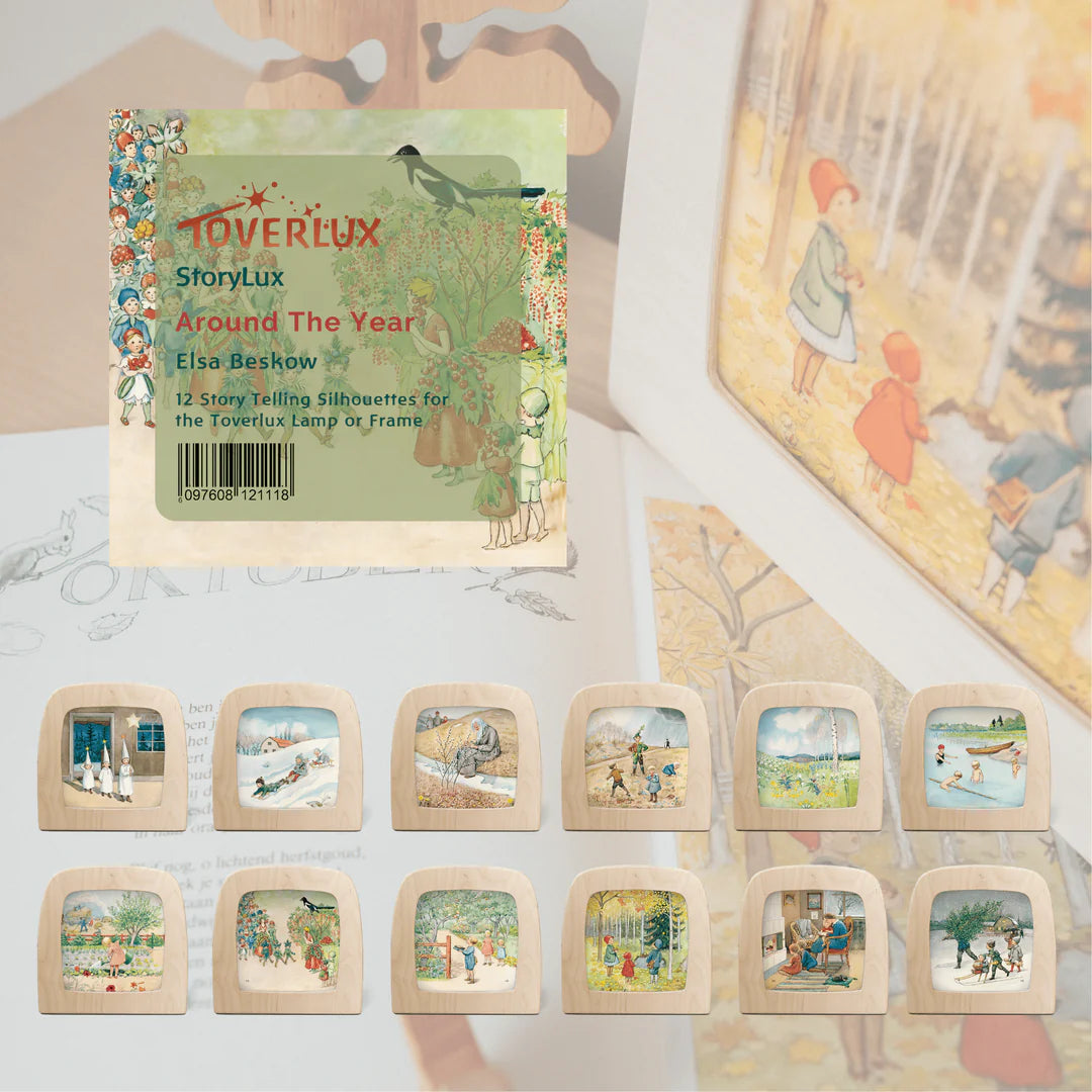 12 colorful storytelling silhouettes from Elsa Beskow for TOVERLUX lamp or frame, showcasing seasonal scenes.