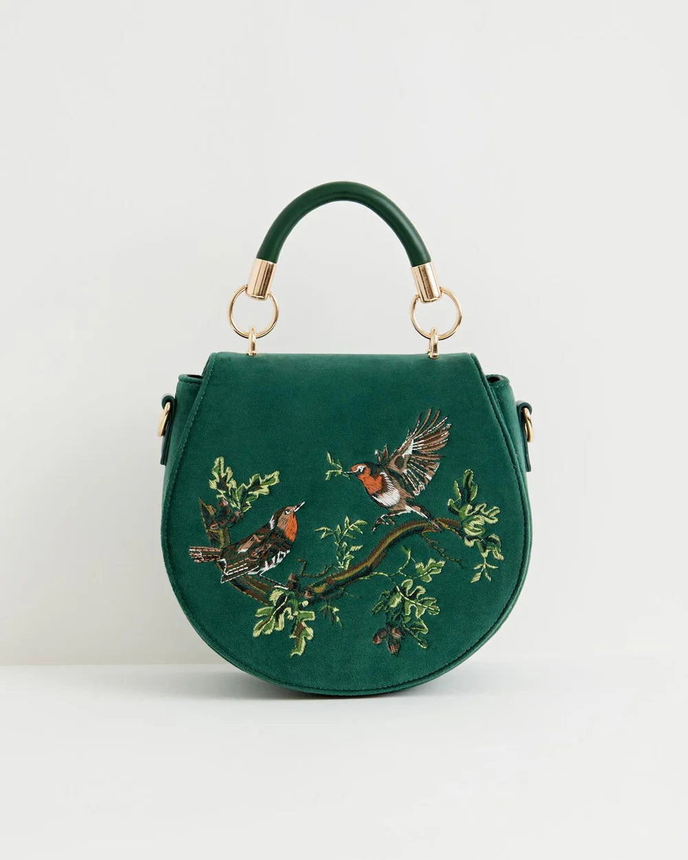 Fable England Robin Love Embroidered Saddle Bag Fern Green Velvet