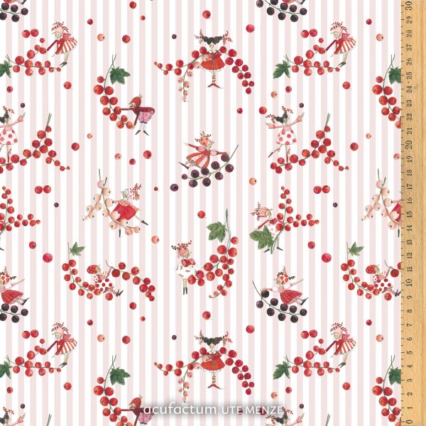 Whimsical fruit pattern fabric with red berries and playful characters on a pink striped background.