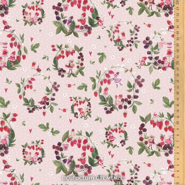 Pink floral fabric featuring strawberries and blackberries with whimsical illustrations and a polka dot background.
