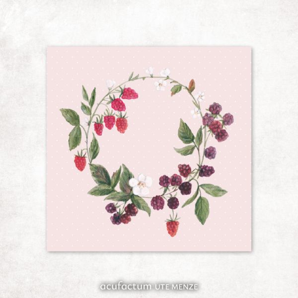 Watercolor berry wreath illustration on pink background, featuring raspberries and blackberries.