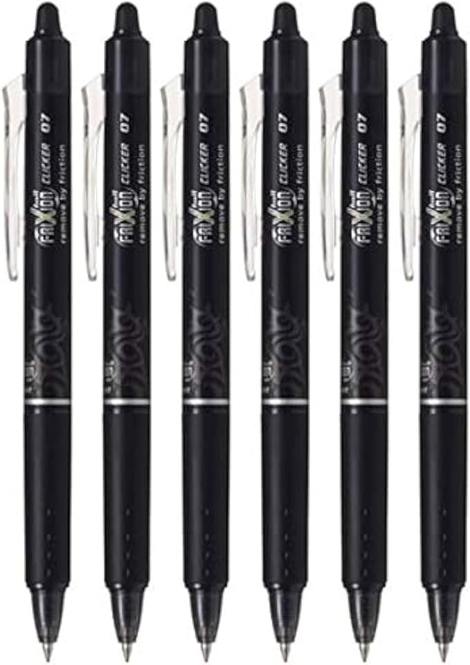 Set of 6 black gel pens, fine tip 0.7mm, erasable ink, ideal for school and office use.