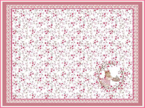 Floral printed tablecloth in pink and white with delicate flower patterns, perfect for elegant dining.