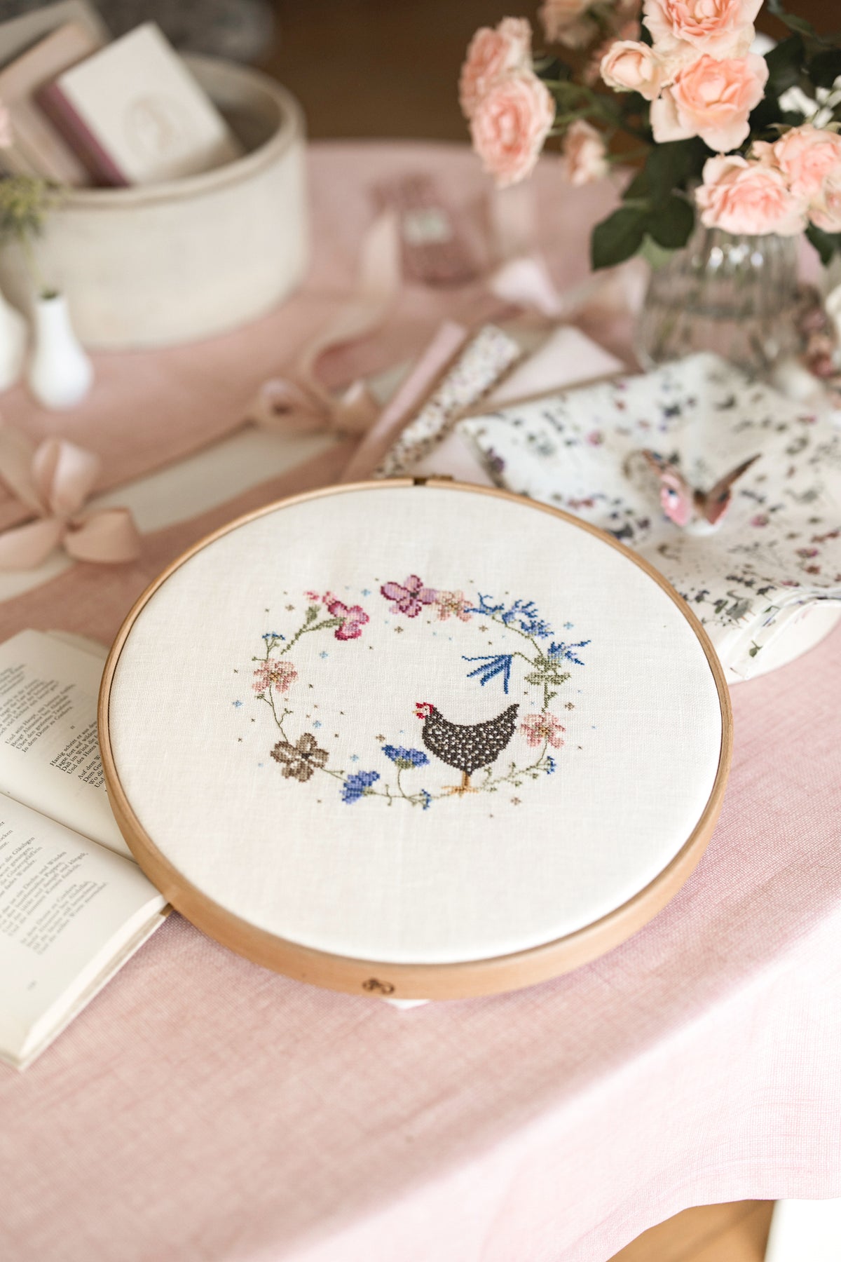 Acufactum Beloved Home KIT {Chicken in Blossom Wreath Cross Stitch}