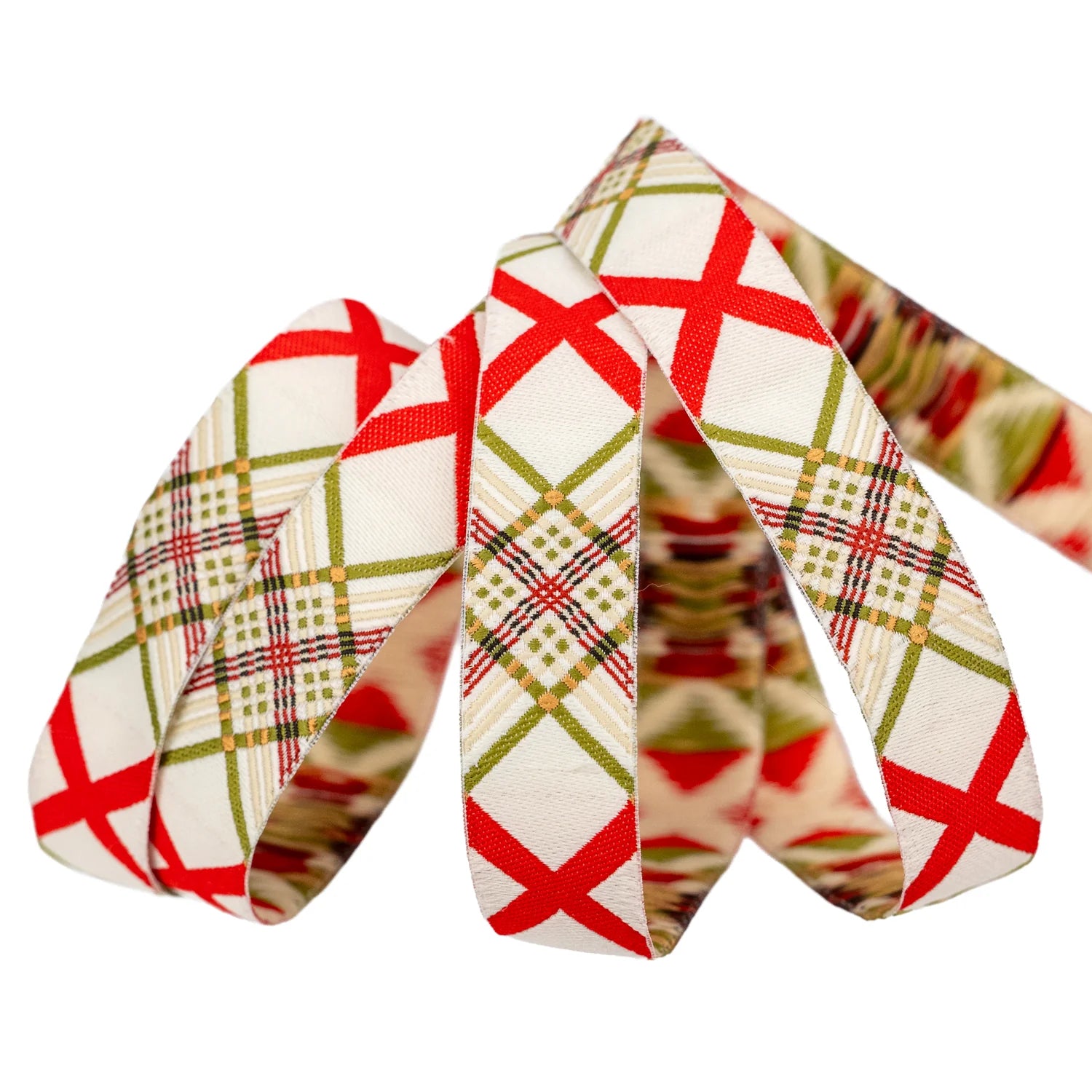 Festive ribbon, cream color with red and green plaid pattern, perfect for holiday decorations and gift wrapping.