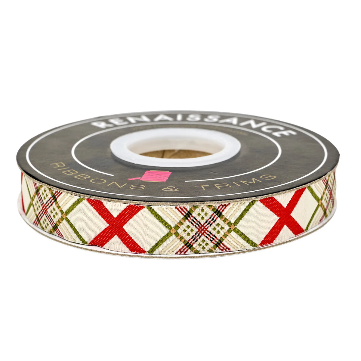 Plaid decorative ribbon in cream, red, and green, perfect for crafts and gift packaging.