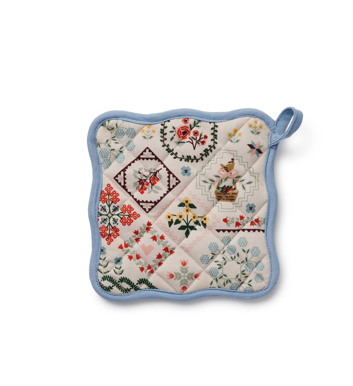 Colorful quilted pot holder with floral patterns, blue trim, perfect for kitchen use.