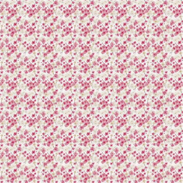 Floral pattern fabric in soft pink and white, ideal for sewing and crafts, lightweight cotton material.