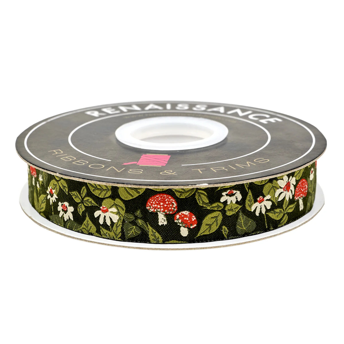 Dark green ribbon with floral and mushroom print, perfect for crafting and decoration.