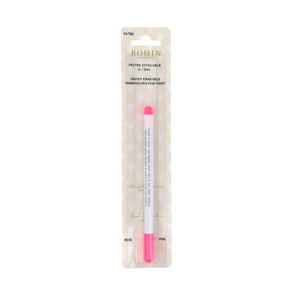 Bohin water erasable marking pen in pink, fine point, ideal for fabric marking, packaged for easy use.