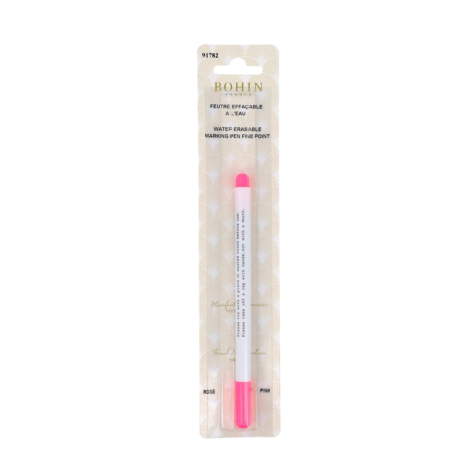 Bohin water erasable marking pen in pink, fine point, ideal for fabric marking, packaged for easy use.