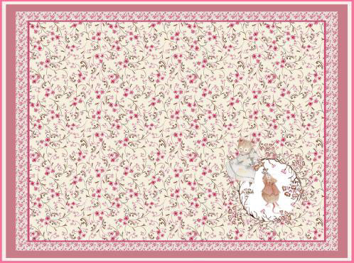 Floral patterned fabric featuring pink flowers on cream, with cute animal illustrations and decorative borders.