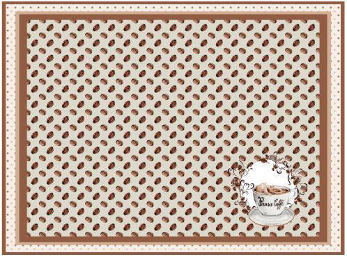 Cream-colored tablecloth with brown coffee bean pattern and cup design, perfect for coffee lovers' decor.