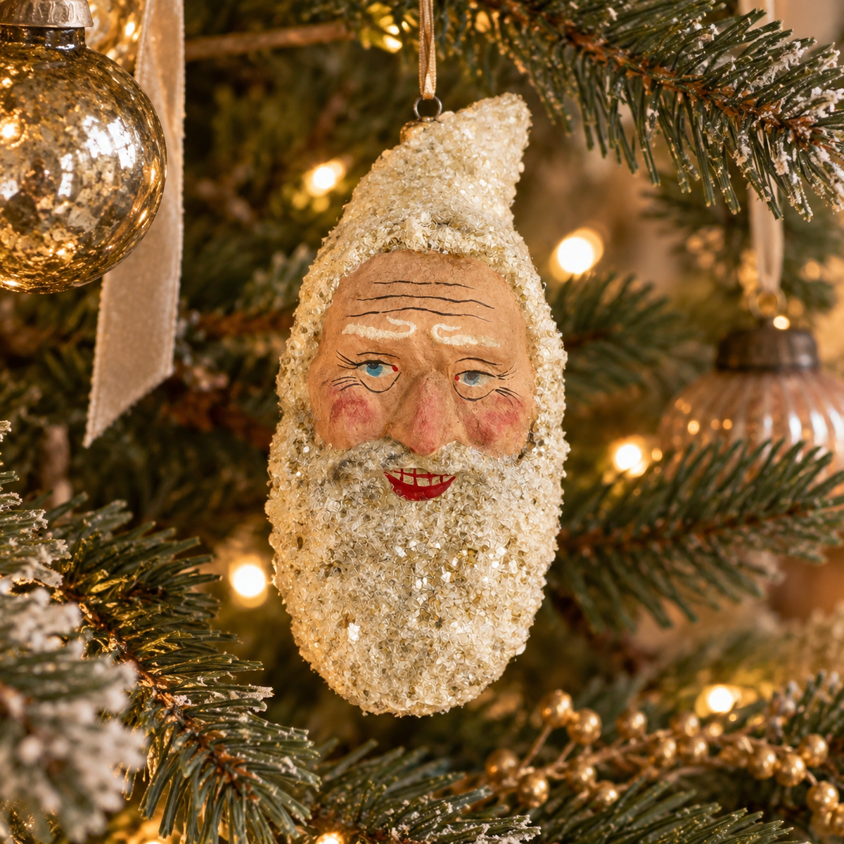 Marolin Christmas Ornament {Large Santa Claus head #2 with glitter, antique white}