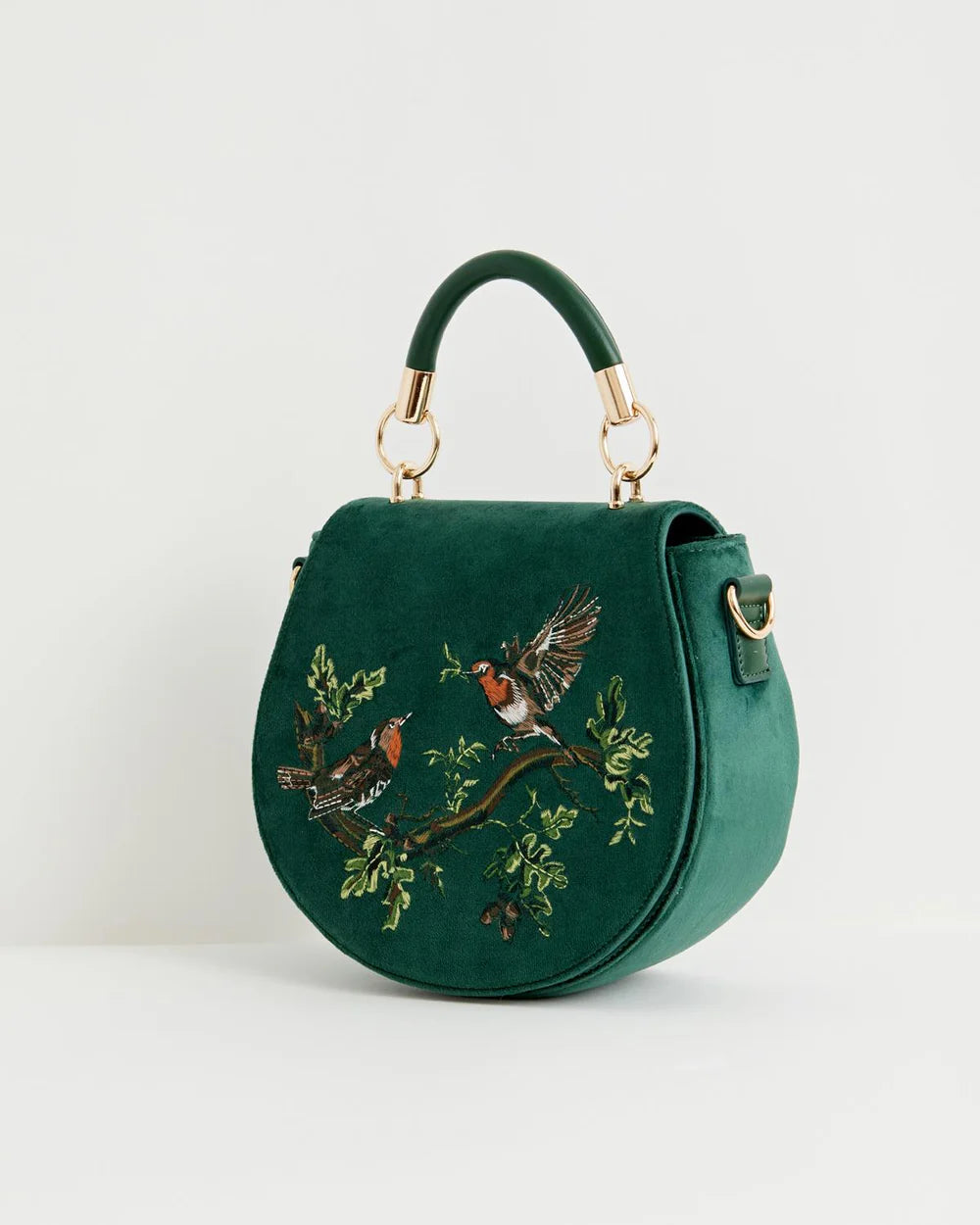 Fable England Robin Love Embroidered Saddle Bag Fern Green Velvet