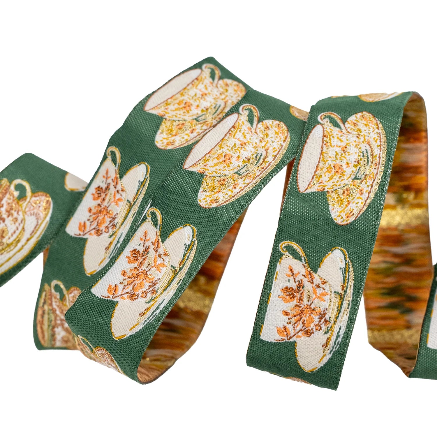Vintage teacup patterned ribbon in green, perfect for crafts and gift wrapping.