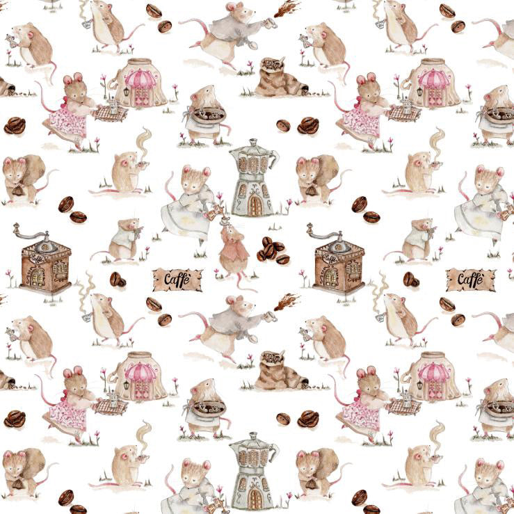 Whimsical pattern of cute mice with coffee-themed designs, featuring light colors and playful details.