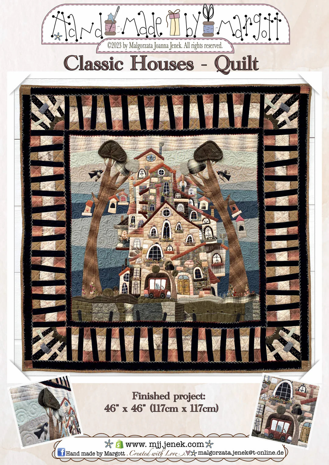 Classic Houses quilt, 46" x 46", featuring whimsical house designs and earthy colors, hand-crafted.