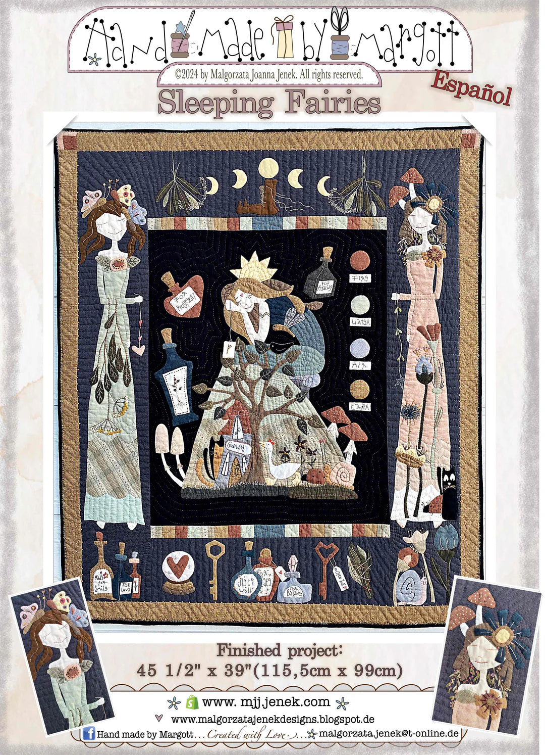 Handmade quilt featuring whimsical sleeping fairies, multicolor, 45.5" x 39", unique design by Margott.