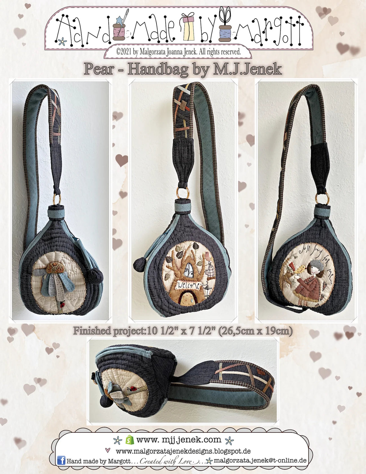 Handmade pear-shaped handbag, quilted fabric, colorful embroidery, 10.5" x 7.5", unique design by M.J. Jenek.