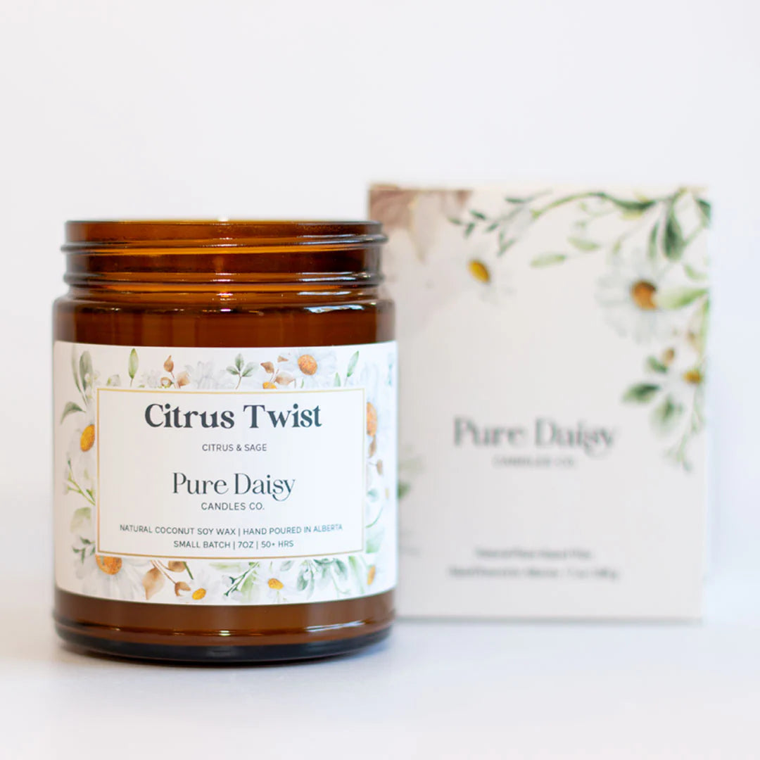 Citrus Twist candle in amber jar, made of natural coconut soy wax, hand-poured, 7 oz, from Pure Daisy Candles.