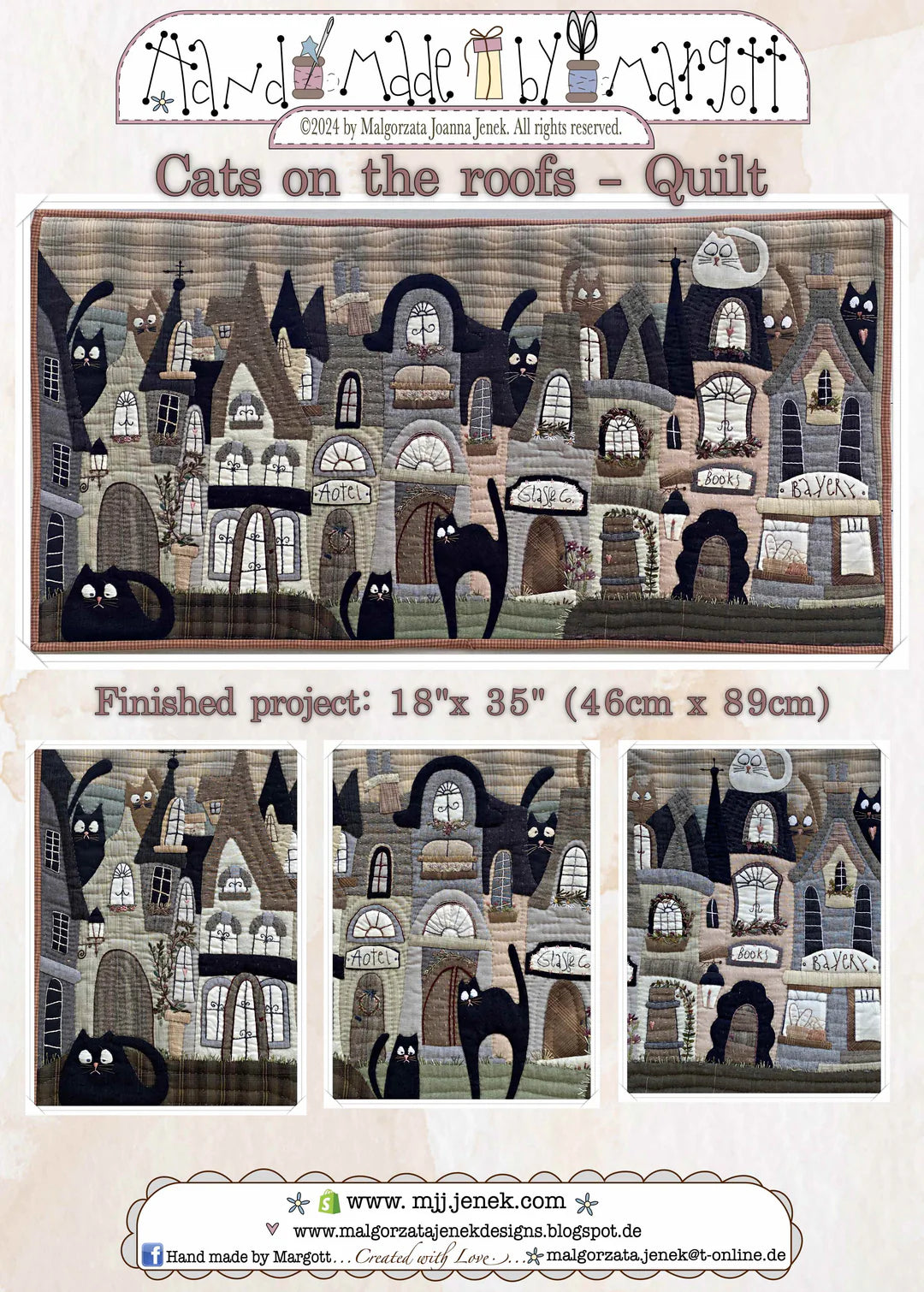 Handmade quilt 'Cats on the Roofs', 18"x35", featuring playful black cats and whimsical buildings.