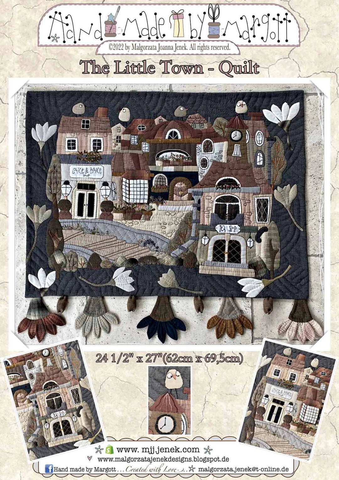 Handmade quilt 'The Little Town', 24.5x27 inches, featuring detailed village scenes and floral accents.