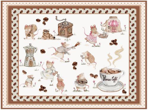 Whimsical coffee-themed mouse illustration, featuring playful mice, coffee pots, and beans on a decorative background.