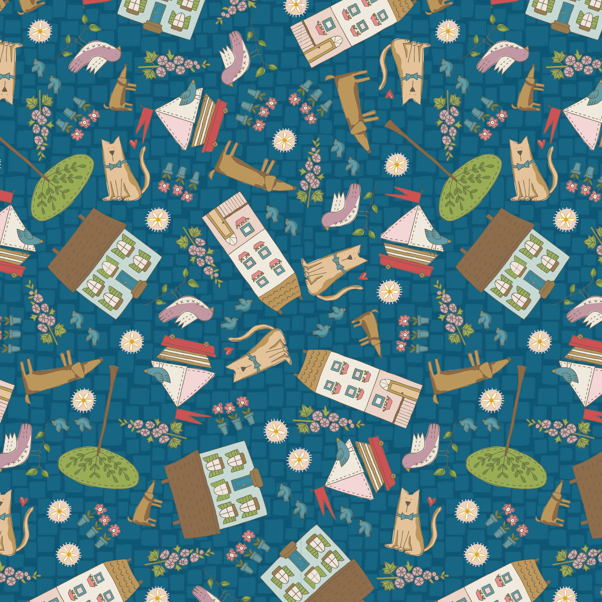 Colorful fabric pattern featuring cats, houses, and flowers on a blue background.