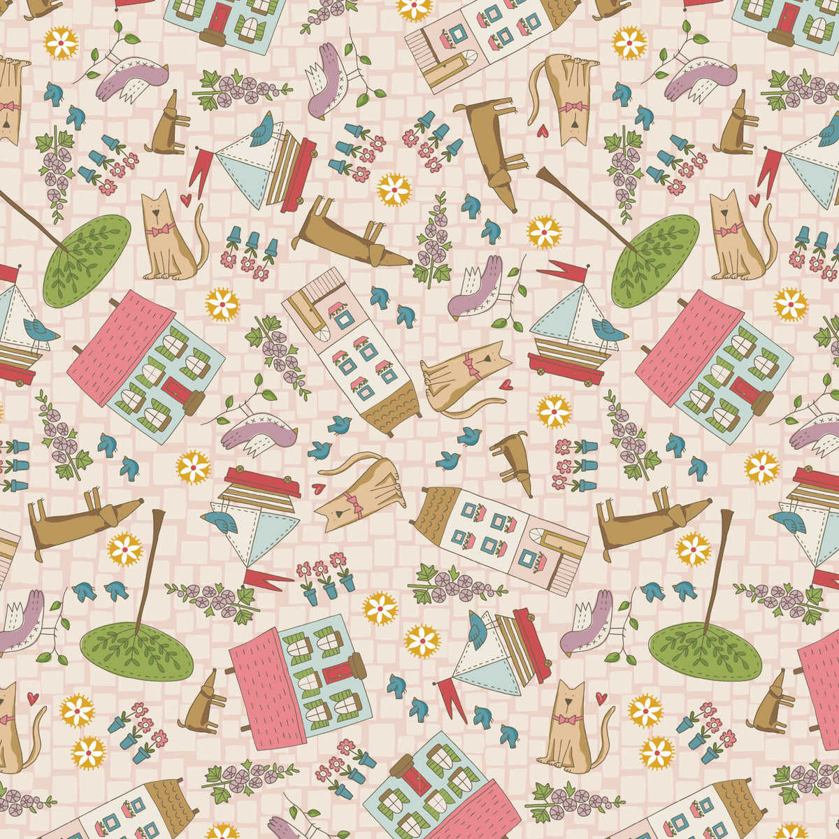 Whimsical fabric pattern featuring colorful houses, cats, and flowers on a soft pink background.
