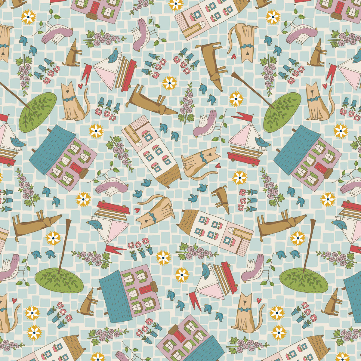 Whimsical fabric pattern featuring colorful houses, animals, and floral elements on a light blue background.