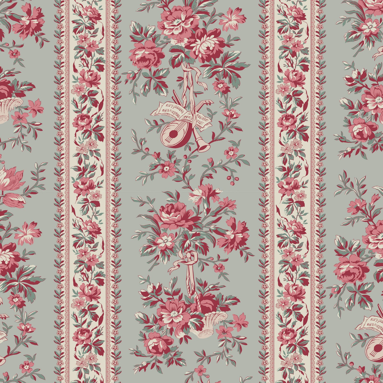 Vintage floral wallpaper design in soft gray with pink and red flowers, intricate detailing and music motifs.