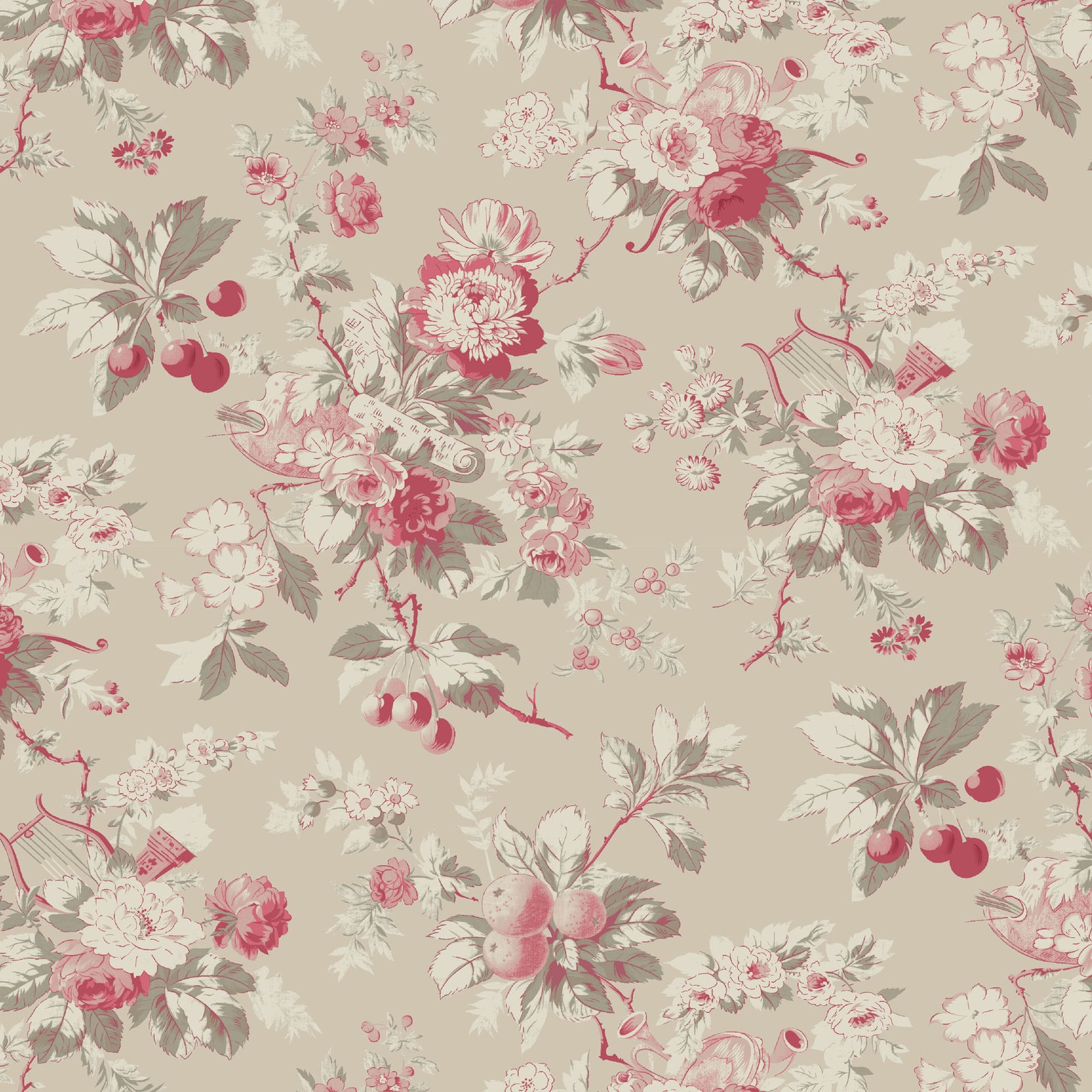 Vintage floral fabric pattern featuring pink flowers and cherries on a beige background.