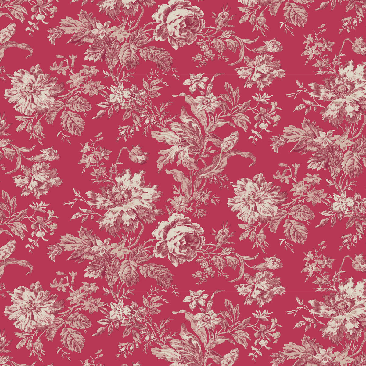Vintage floral pattern fabric in red and cream, perfect for upholstery or crafting projects.