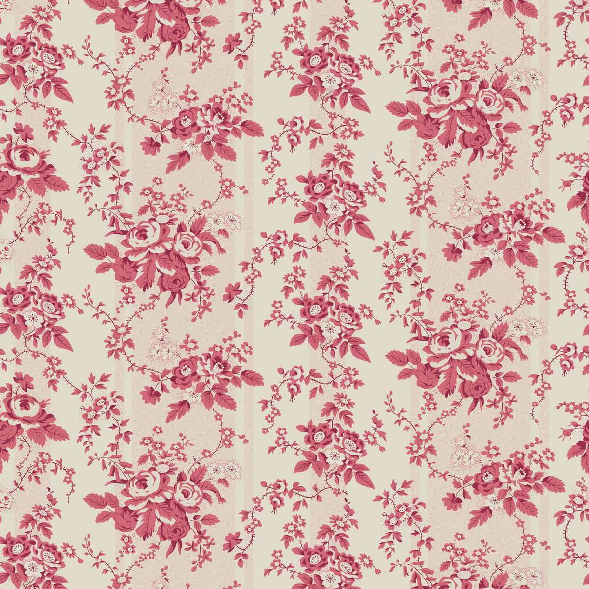 Pink floral pattern fabric with roses on a creamy background, perfect for home decor and upholstery.