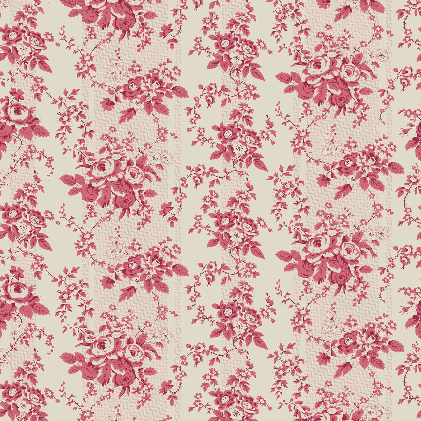 Pink floral pattern fabric with roses on a creamy background, perfect for home decor and upholstery.