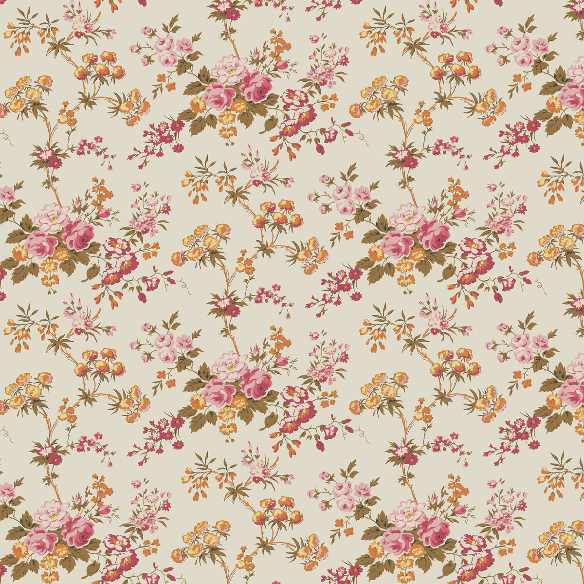 Vintage floral pattern fabric in pink, orange, and beige, ideal for home decor and upholstery projects.