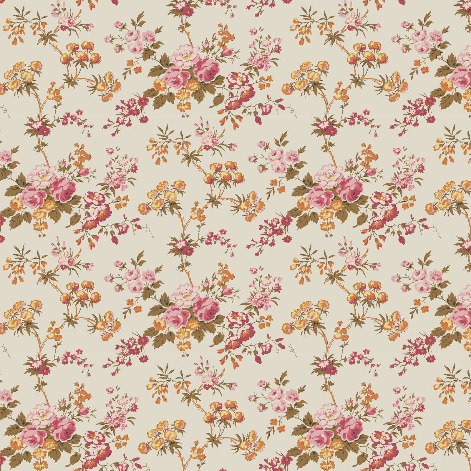 Vintage floral pattern fabric in pink, orange, and beige, ideal for home decor and upholstery projects.
