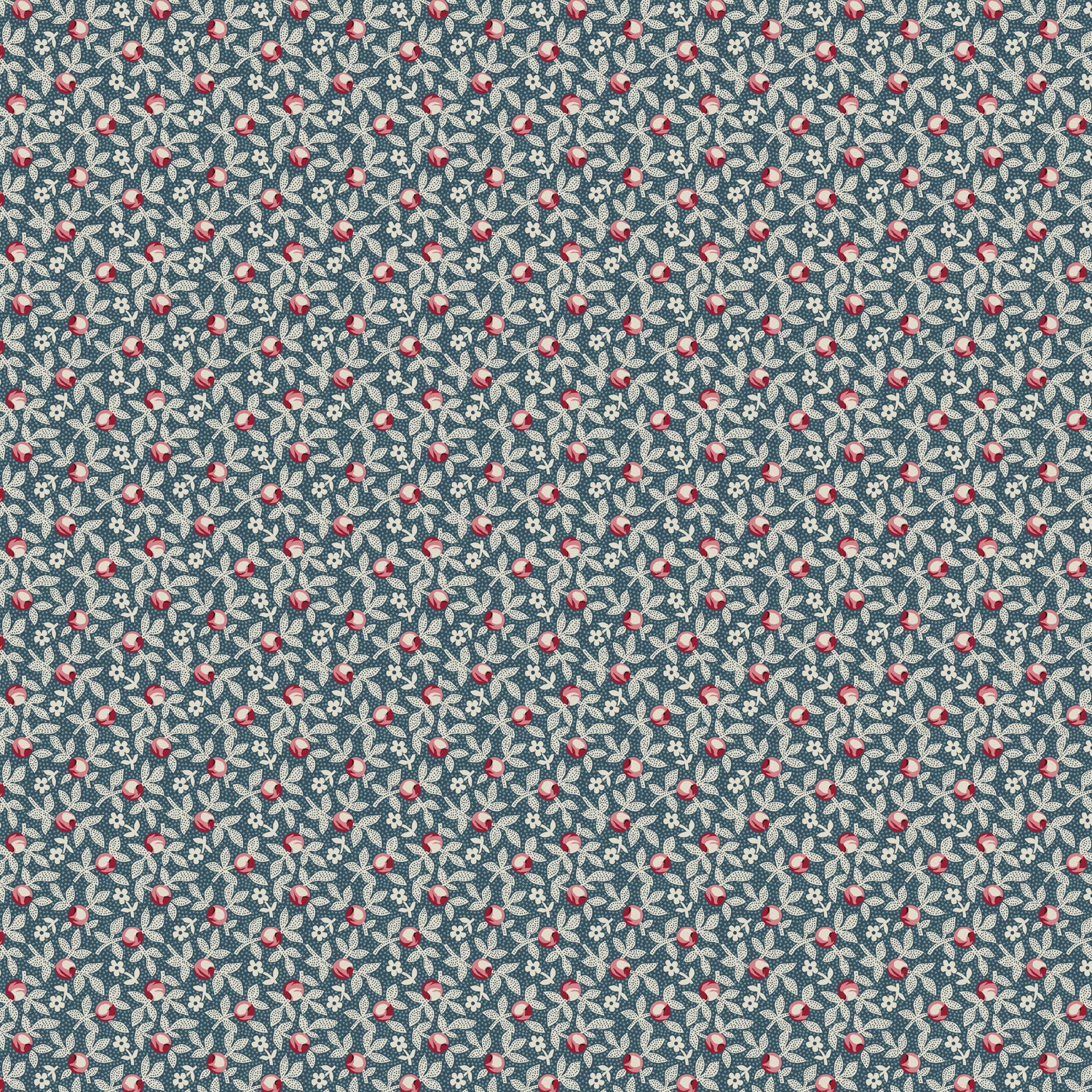Navy floral fabric with white flowers and red accents, ideal for upholstery and crafting projects.