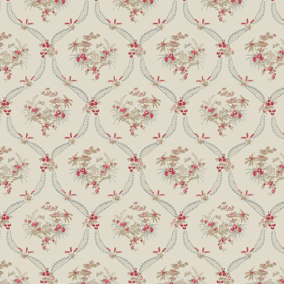 Floral pattern fabric featuring pink and beige flowers on a cream background, ideal for home decor.