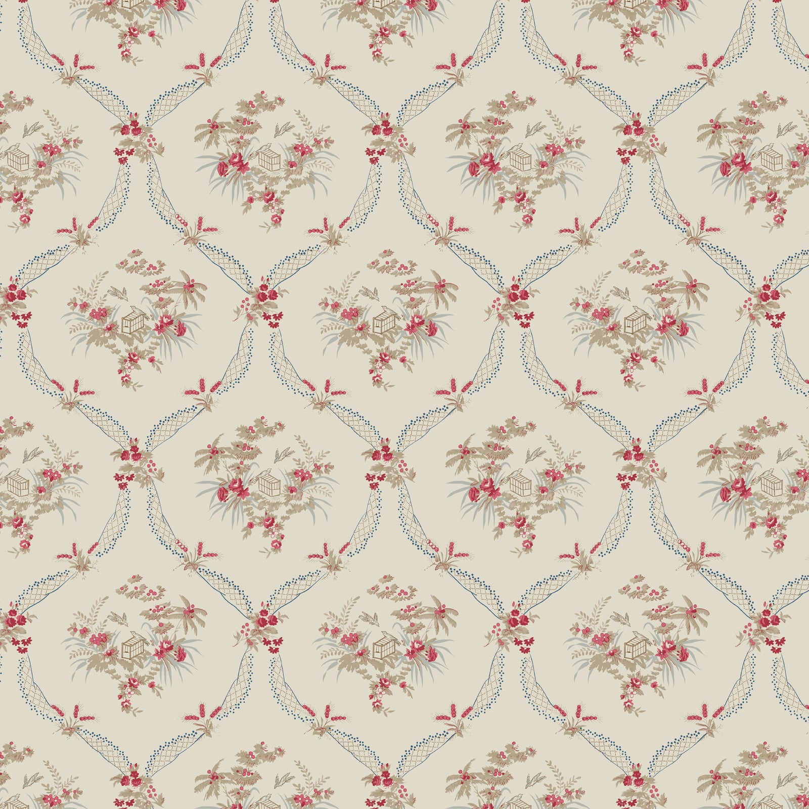 Floral pattern fabric featuring pink and beige flowers on a cream background, ideal for home decor.