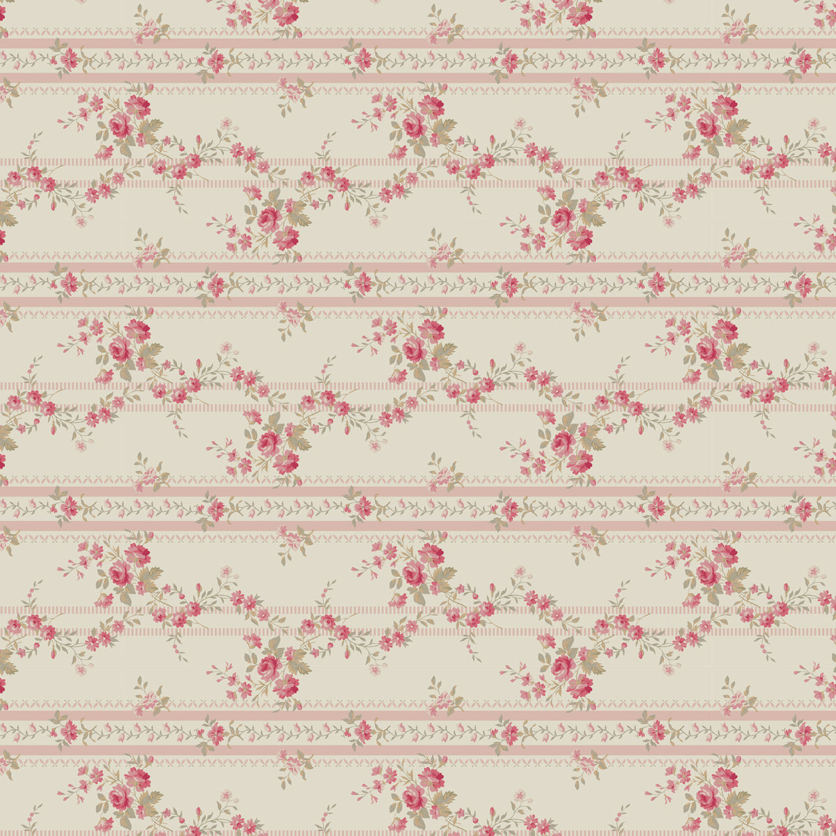 Floral fabric pattern with pink roses and beige background, perfect for upholstery or crafts.