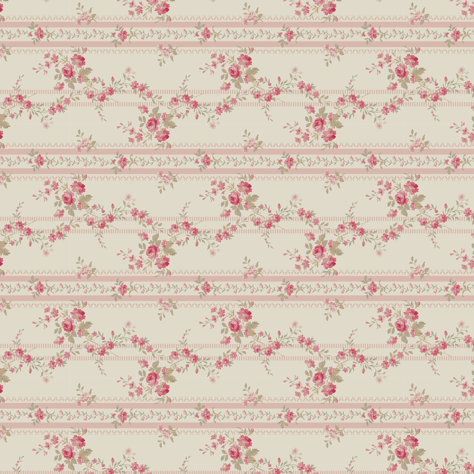 Floral fabric pattern with pink roses and beige background, perfect for upholstery or crafts.