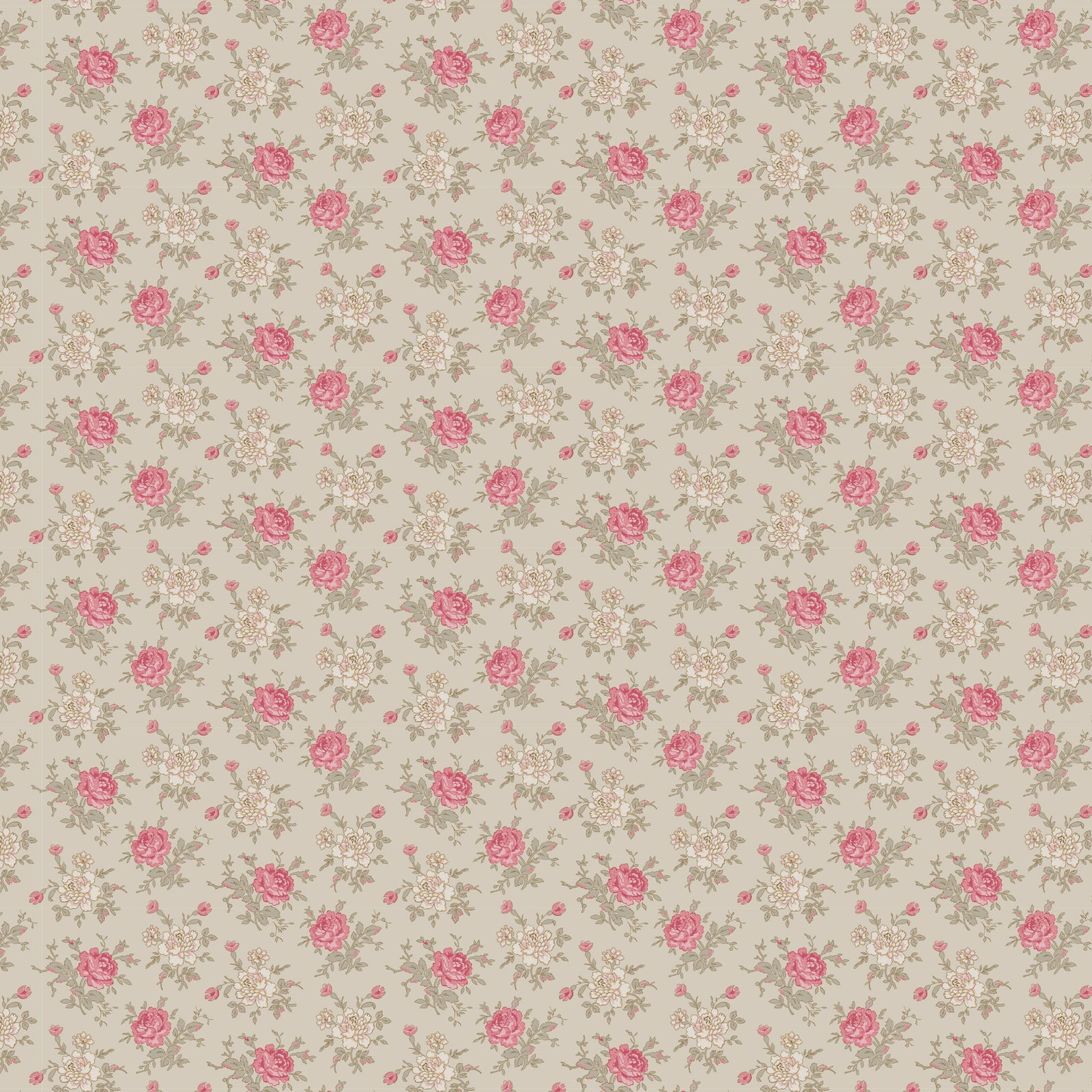 Floral patterned fabric with pink roses and white flowers on a beige background, ideal for upholstery or crafts.