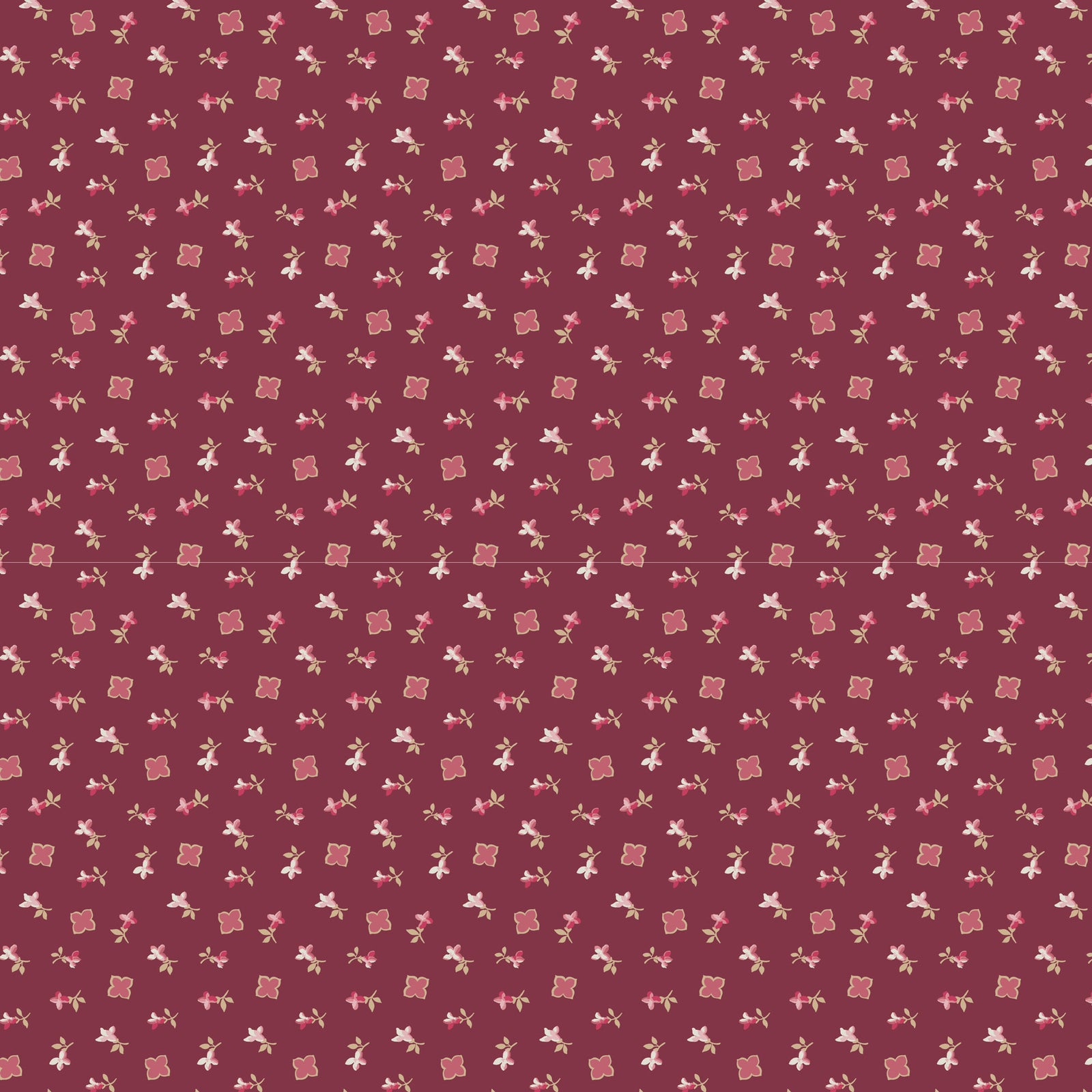 Burgundy floral fabric pattern with small pink flowers and leaves, perfect for sewing projects.