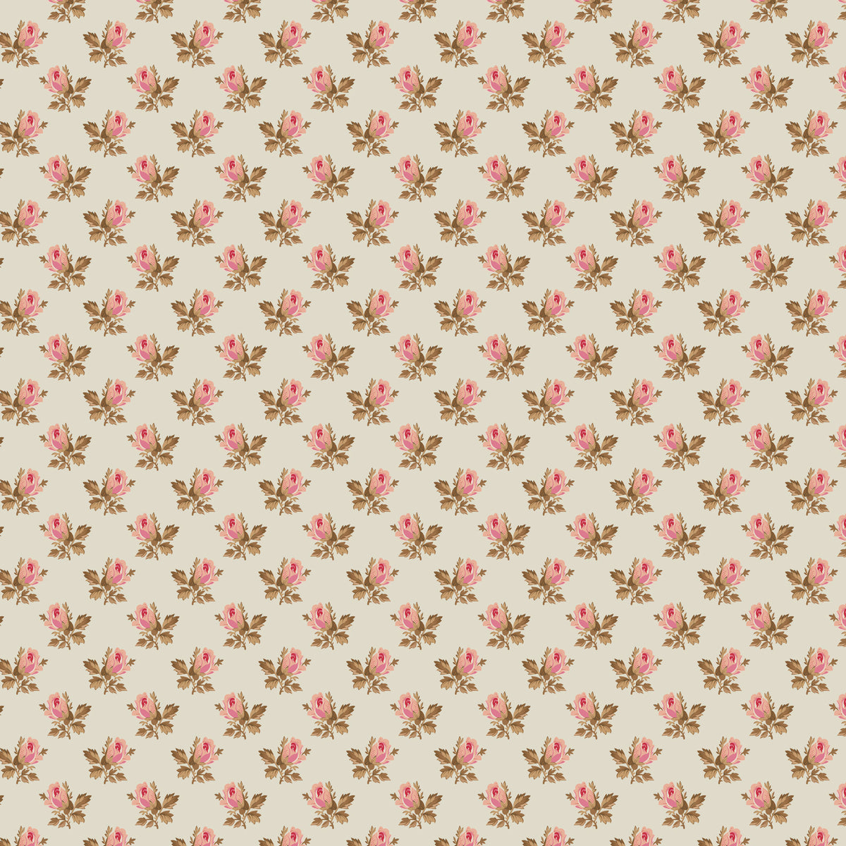 Elegant floral fabric pattern featuring pink roses and green leaves on a beige background.
