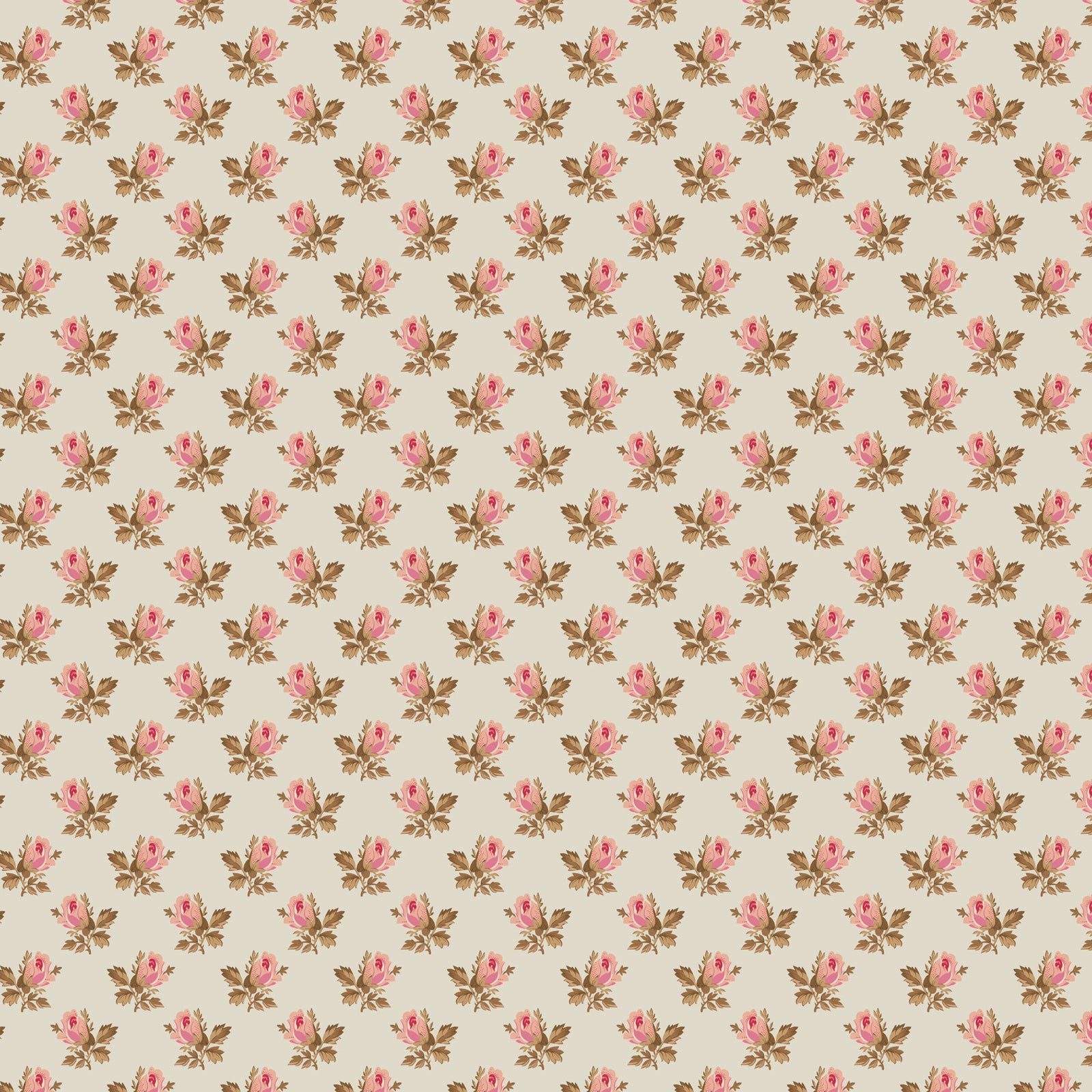 Elegant floral fabric pattern featuring pink roses and green leaves on a beige background.