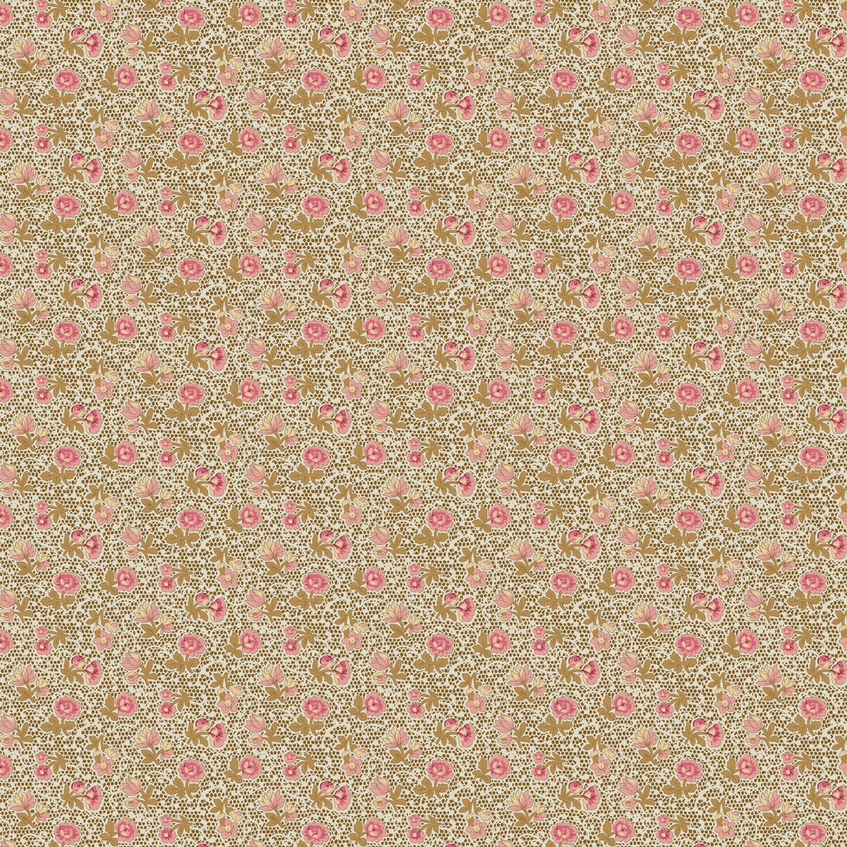 Vintage floral fabric with pink flowers on a brown background, ideal for sewing and crafts.