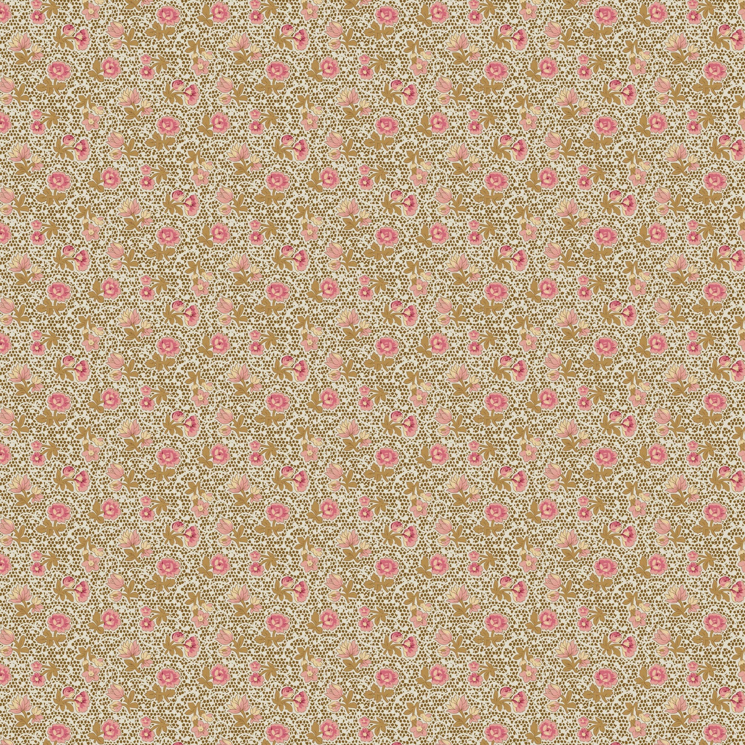 Vintage floral fabric with pink flowers on a brown background, ideal for sewing and crafts.